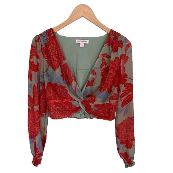 ANTHROPOLOGIE Red Carter Long Sleeve Plunge Neck Floral Print Crop Top Size XS - Picture 8 of 8